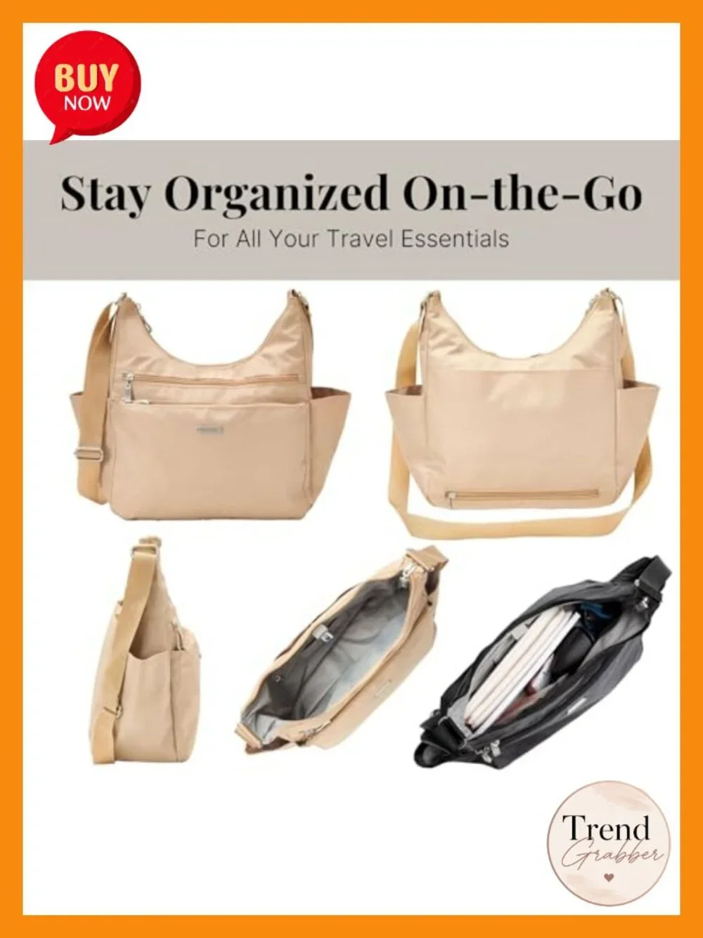 Lightweight Nylon Hobo Crossbody Bag with RFID Protection and Luggage Sleeve